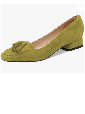 YDN Olive Block Low Heel Loafer Square Toe Tassel Fringe Pump Slip On Dress Shoe
